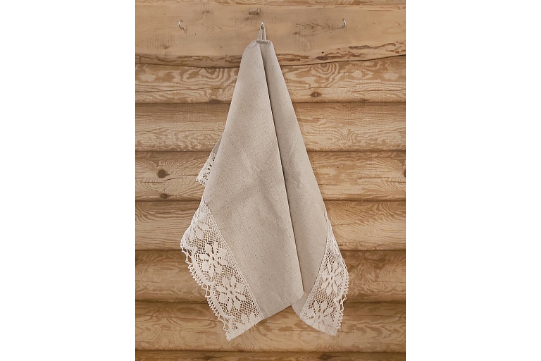 Linen towel light gray, white flowers in lace