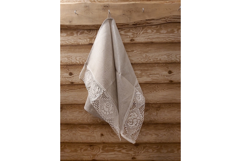 Linen towel light gray, lace with white roses