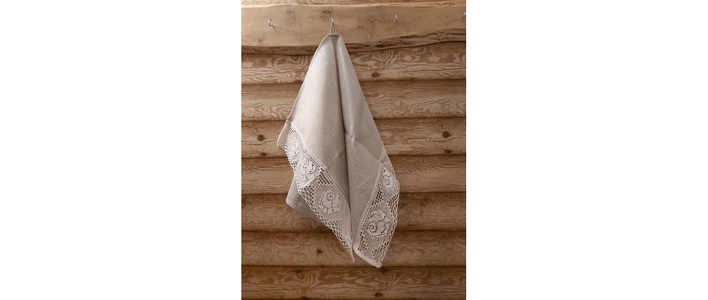Linen towel light gray, lace with white roses