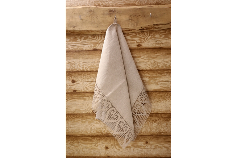 Linen towel light gray, lace with gray hearts