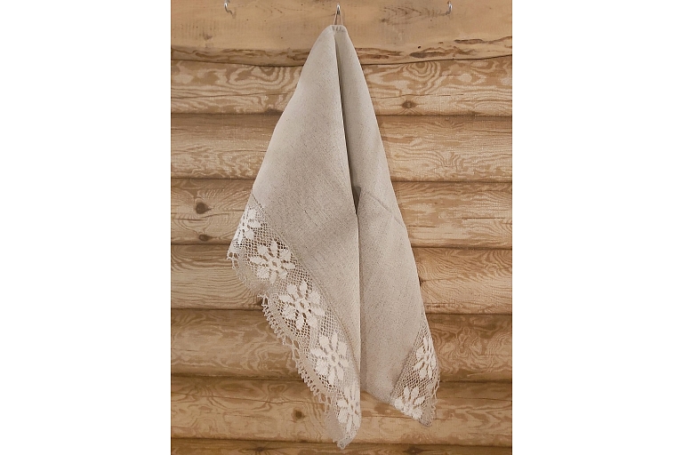 Linen towel light gray, lace with gray-white flowers