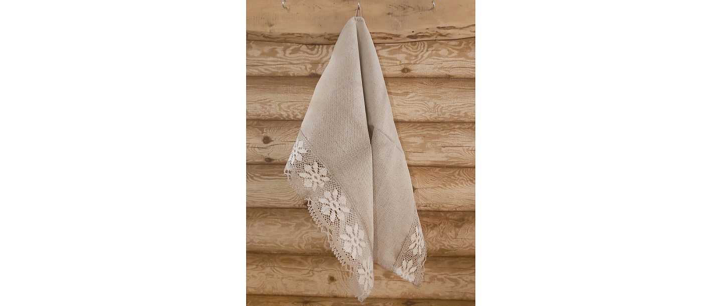 Linen towel light gray, lace with gray-white flowers