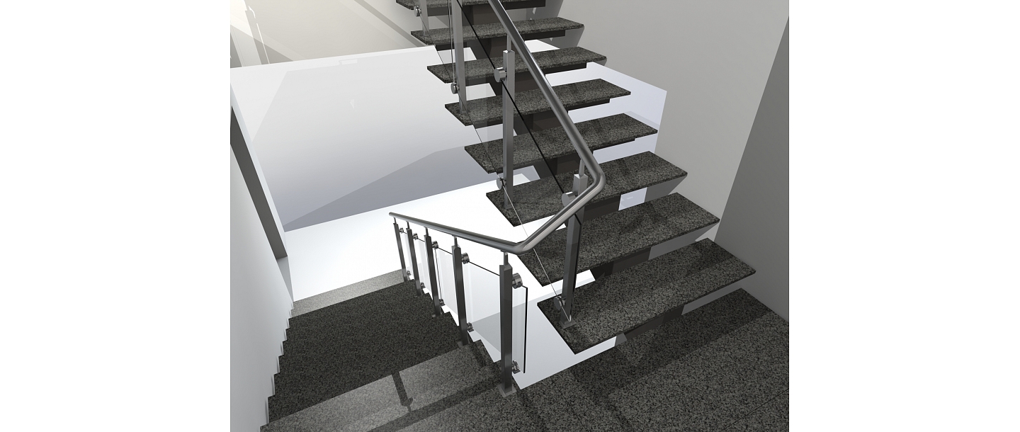 Glass railing for metal stairs with elegant design