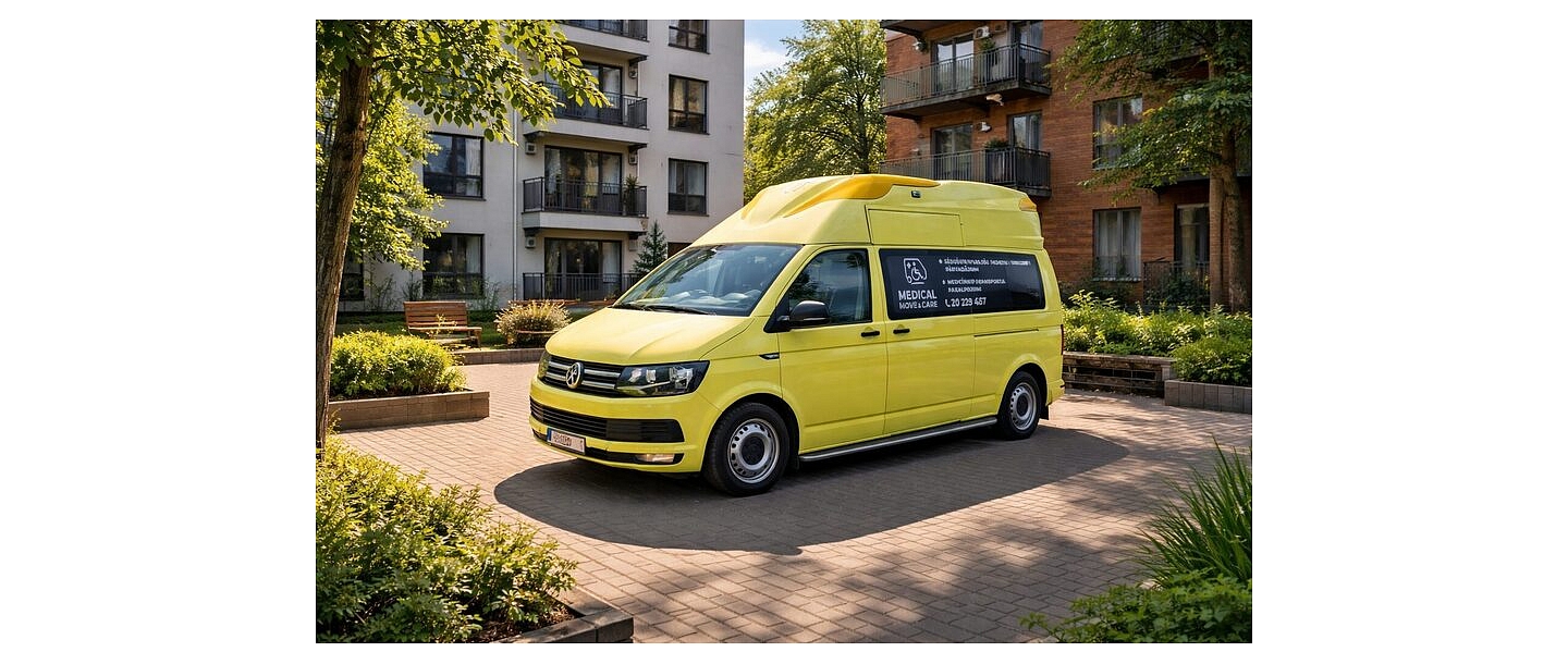 Specialized medical vehicle at a residential building – patient transportation