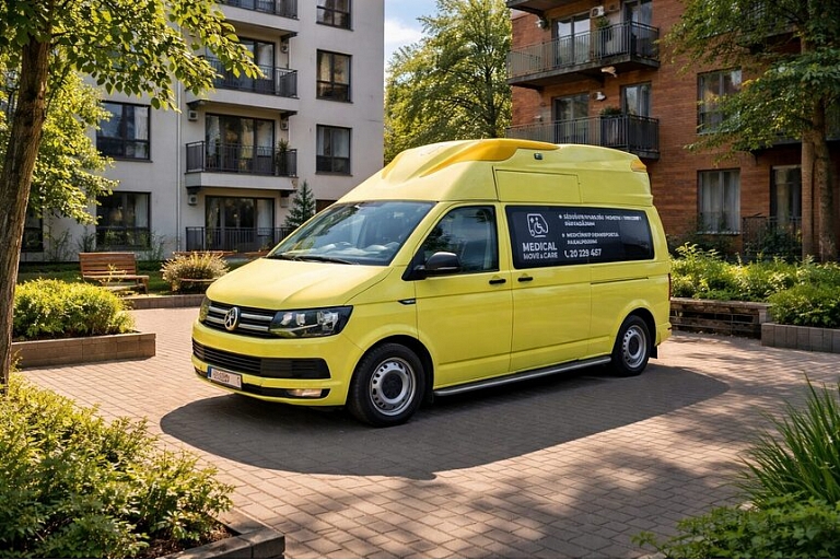 Specialized medical vehicle at a residential building – patient transportation