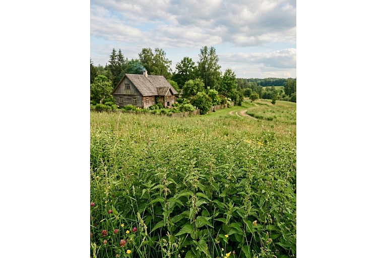 Nettle meadow near the country house – collecting natural medicinal herbs