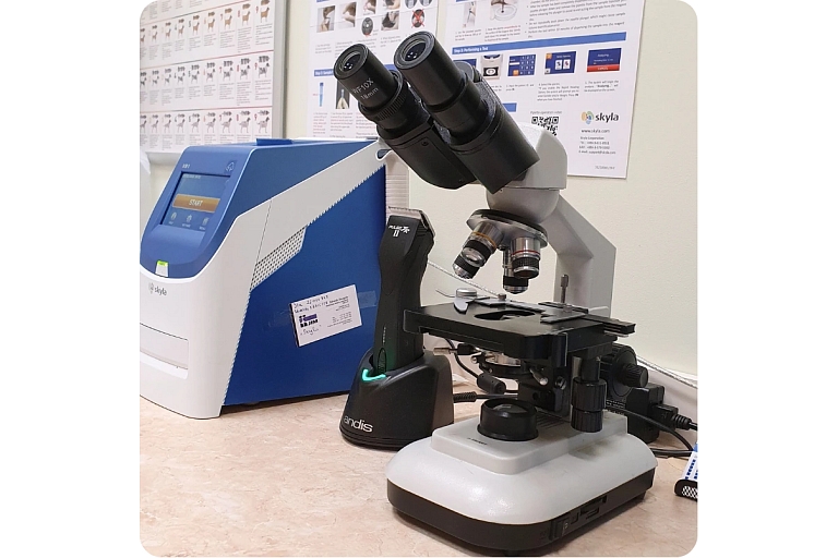 Laboratory examinations with a microscope in a veterinary clinic