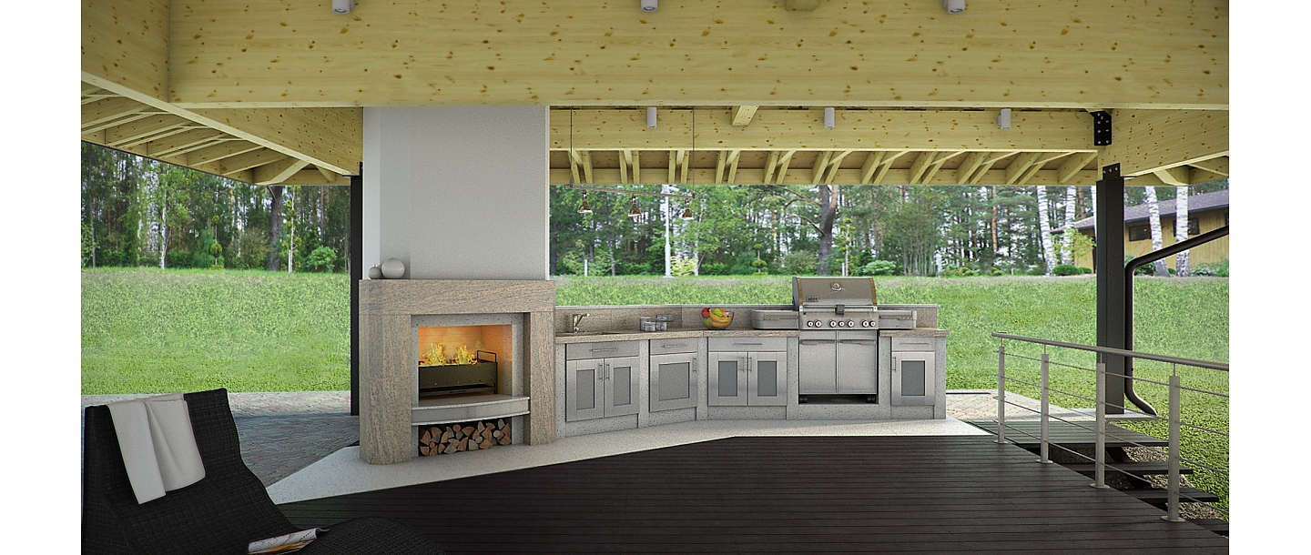 Terrace kitchen with fireplace